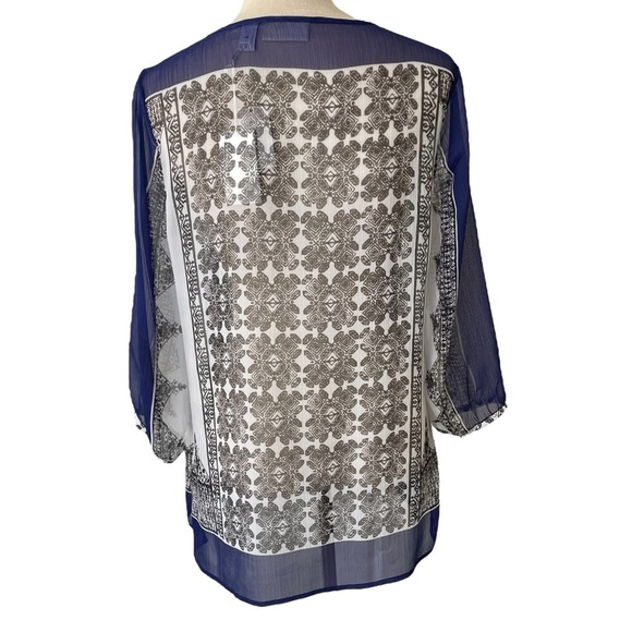 Chico’s Semi Sheer Boho Peasant Floral Blouse Navy White Print Women’s Size M - Picture 4 of 7